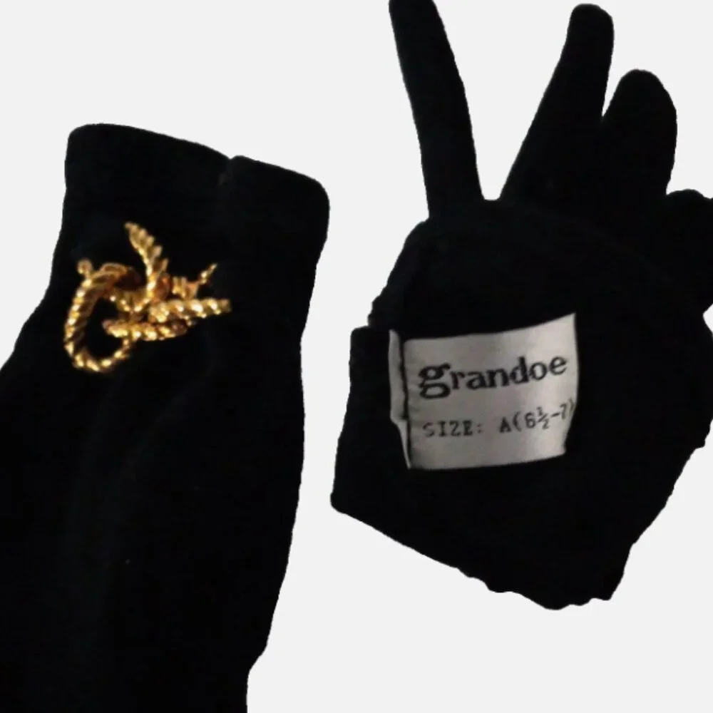 Vintage Grandoe Wool Angora Dress Gloves Black Gold Chain Women's Size A